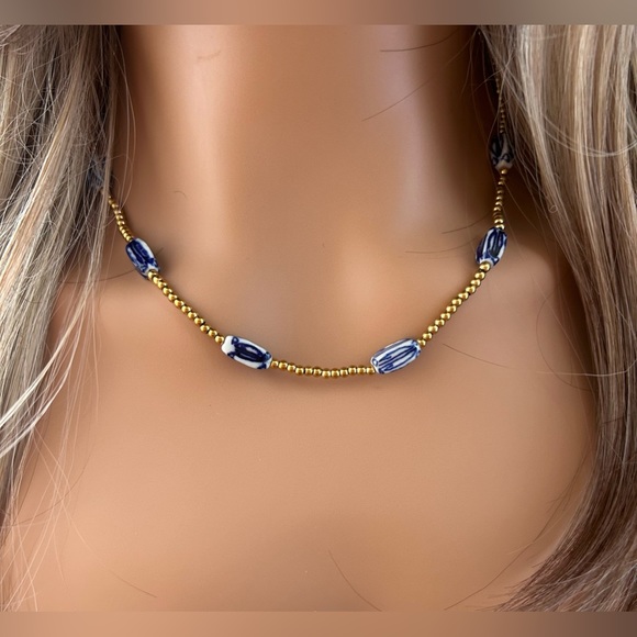 Heinen Delfts Blauw Blue and White and Gold Beaded necklace- NWT - Picture 8 of 8